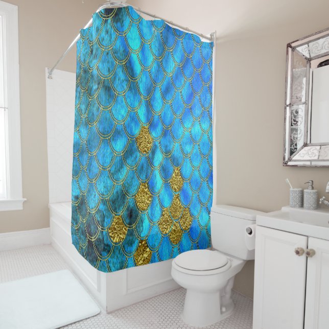Aqua blue Mermaid Scales with gold glitter Shower Curtain (In Situ)