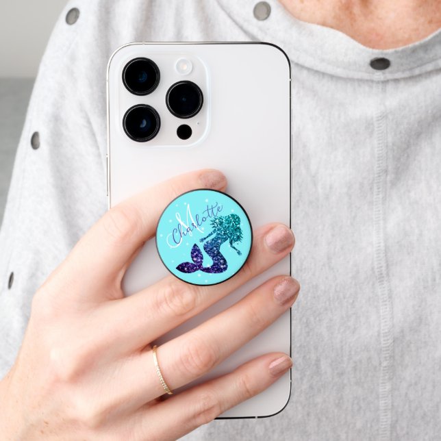 Aqua blue mermaid sparkles Monogram Turquoise PopSocket (Hand)