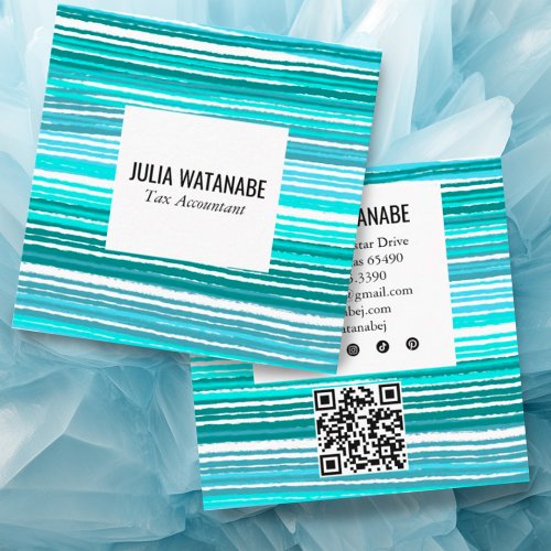 Aqua Blue Minimalist Stripes QR Social Media Square Business Card