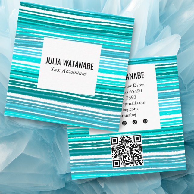Aqua Blue Minimalist Stripes QR Social Media Square Business Card (Colorful aqua stripes custom business card with QR code and social media icons)