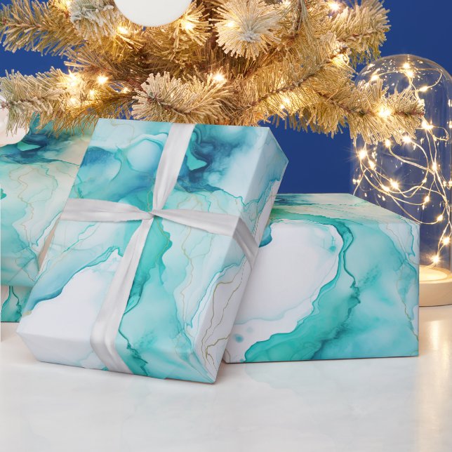 Aqua Blue Mint Gold White Marble Wrapping Paper (Holidays)