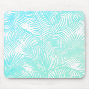 Aqua blue mint gradient tropical palm tree floral mouse pad