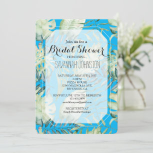 Aqua Blue Mint Green Tropical Leaves Bridal Shower Invitation