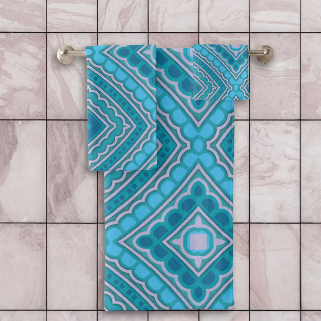 Aqua Blue Mint Teal Turquoise Ethnic Boho Pattern Bath Towel Set | Zazzle