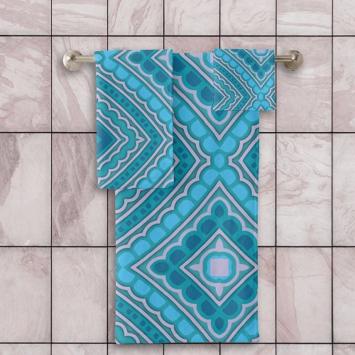 Aqua Blue Mint Teal Turquoise Ethnic Boho Pattern Bath Towel Set