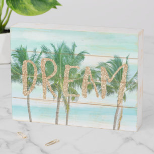 Aqua Blue Mint White Palm Trees Glitter Dream Wooden Box Sign