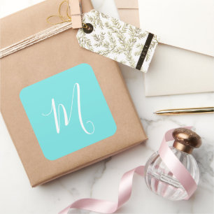 Aqua Blue Monogram Initial Square Sticker