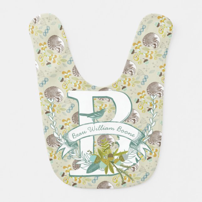 Aqua Blue Monogram Raccoon Pattern Baby Boy Baby Bib (Front)