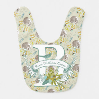 Aqua Blue Monogram Raccoon Pattern Baby Boy Bib
