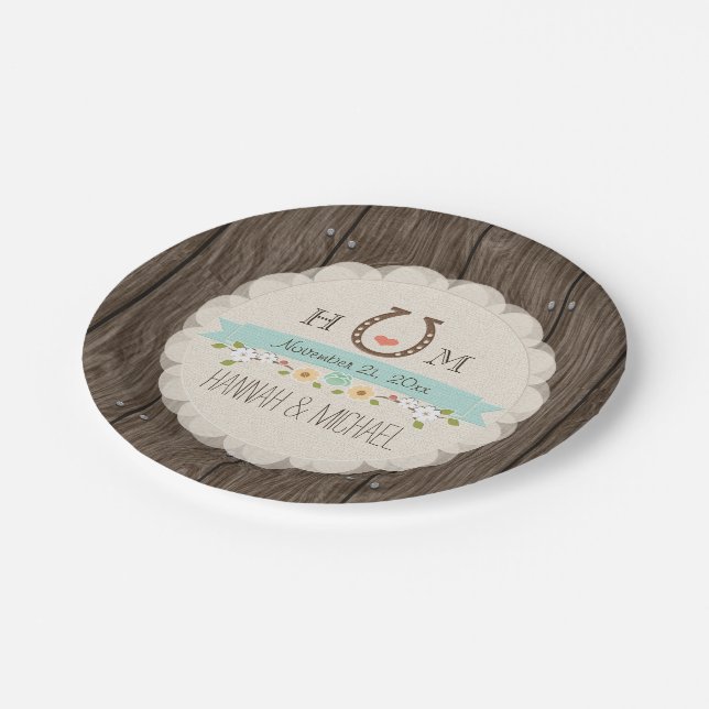Aqua Blue Monogrammed Horseshoe Heart Wedding Paper Plates (Angled)
