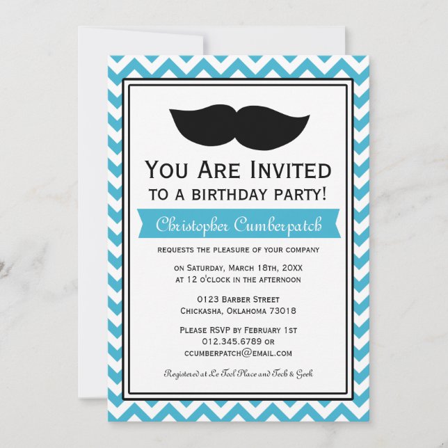 Aqua Blue Moustache Chevron Birthday Party Invitation (Front)