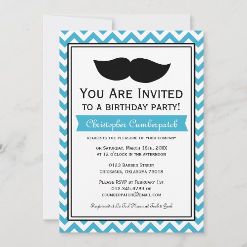Aqua Blue Moustache Chevron Birthday Party Personalized Invites
