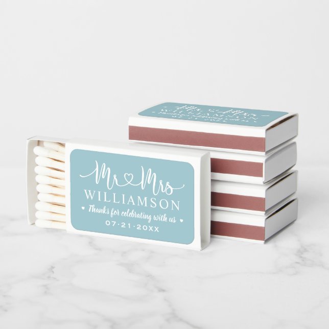 Aqua Blue Mr and Mrs Wedding Monogram Matchboxes (Stacked)