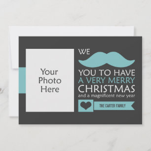 Aqua Blue Mustache Christmas Photo Holiday Card