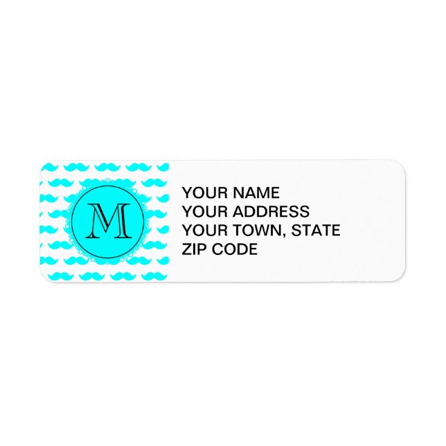 Aqua Blue Mustache Pattern, Aqua Black Monogram Label (Front)