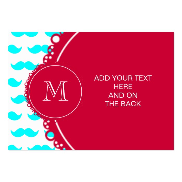 Aqua Blue Mustache Pattern, Red White Monogram Business Card Template