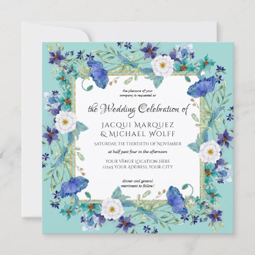 Aqua Blue n Gold Watercolor Elegant Floral Wedding Invitation