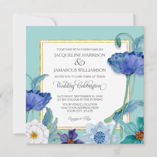 Aqua Blue n White Watercolor Poppy Art Deco Floral Invitation