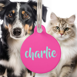 Aqua blue name phone number script bold hot pink pet ID tag