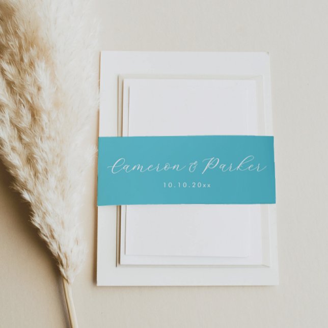 Aqua Blue Names and Wedding Date  Invitation Belly Band (Aqua Blue Wedding Invitation Belly Band from Concertina Press for a Beach Wedding)