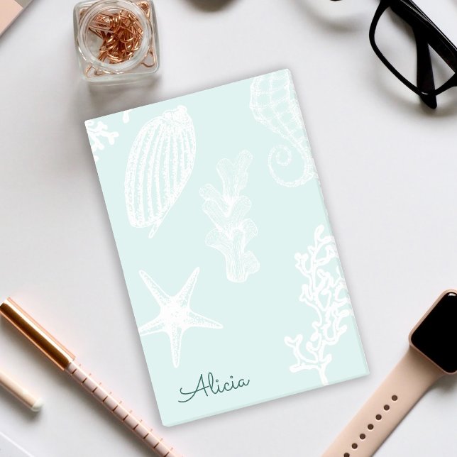 Aqua blue nautical pattern name personalized post-it notes (Creator Uploaded)