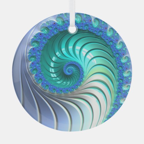 Aqua Blue Nautilus Shell Fractal Spiral Suncatcher Glass Ornament