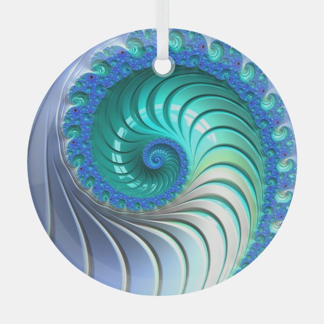 Aqua Blue Nautilus Shell Fractal Spiral Suncatcher Glass Ornament (Front)
