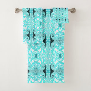 Aqua Blue Nautilus Shell Spiral Fractal Pattern Bath Towel Set
