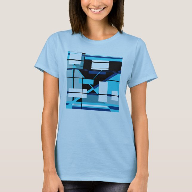 Aqua Blue Navy Black Geometric Abstract MCM Look T-Shirt (Front)