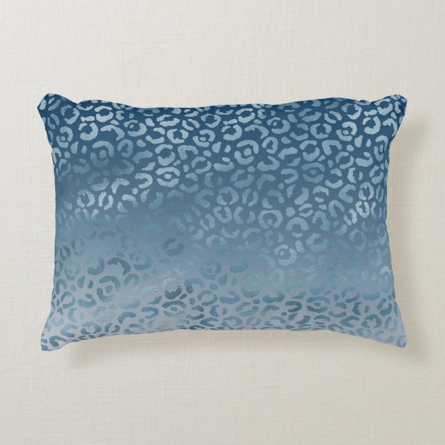 Aqua Blue Navy Ombre Leopard Print Accent Pillow (Front)