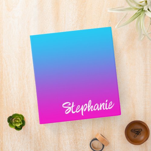 Aqua Blue Neon Pink Ombre Brush Script Name 3 Ring Binder