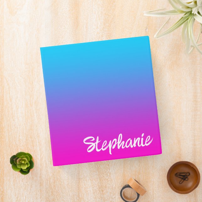 Aqua Blue Neon Pink Ombre Brush Script Name 3 Ring Binder (In Situ)