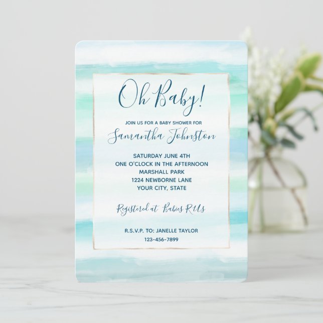 Aqua Blue Ocean Mint White Watercolor Stripes Invitation (Standing Front)