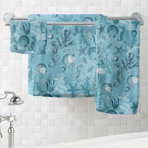 Aqua Blue Ocean Underwater Sea Life Bath Towel Set