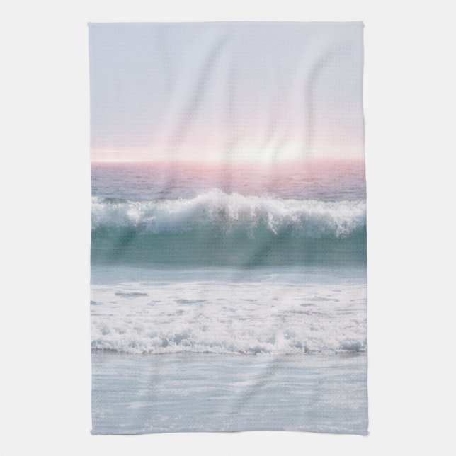 Aqua Blue Ocean Wave Sunset Art Kitchen Towel (Vertical)