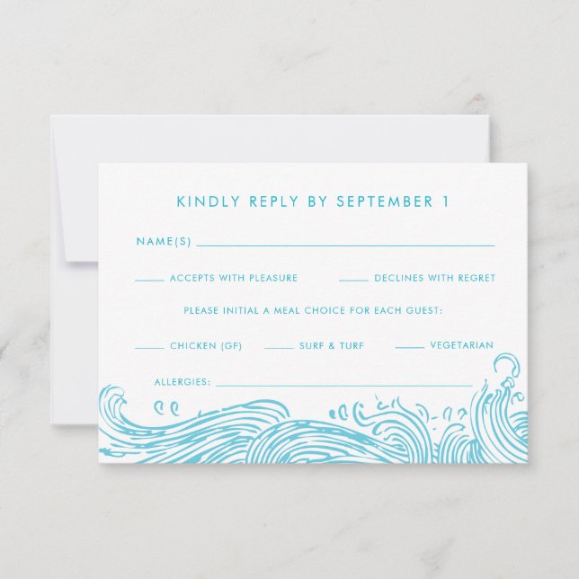 Aqua Blue Ocean Waves Meal Options Beach Wedding RSVP Card (Front)