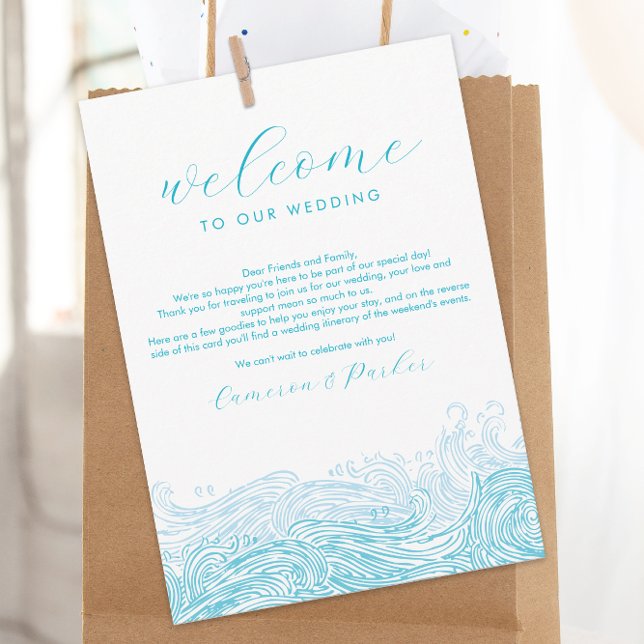 Aqua Blue Ocean Waves Wedding Welcome Itinerary Thank You Card (Ocean Waves Beach Wedding Welcome Letter and Weekend Events Itinerary Wedding Schedule)