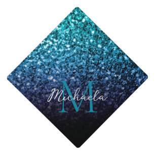 Aqua Blue ombre faux glitter sparkle Monogram Graduation Cap Topper