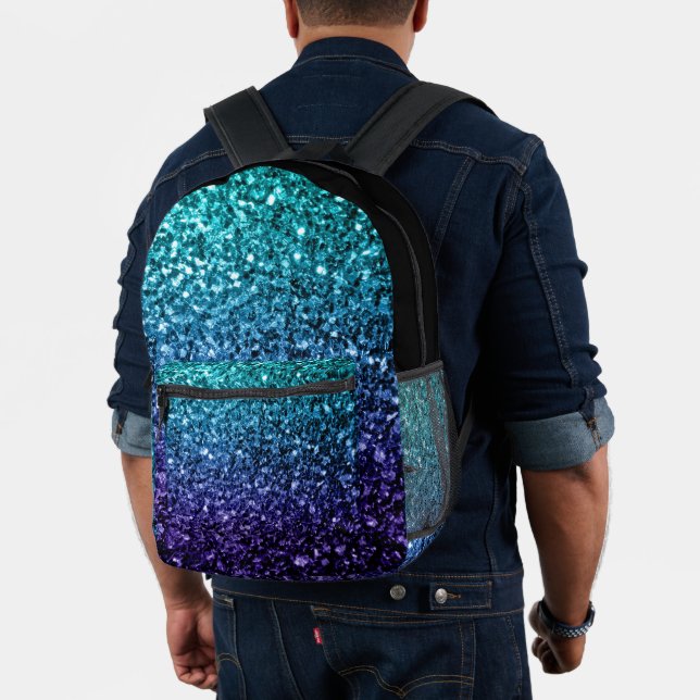 Aqua blue ombre faux glitter sparkles and black printed backpack (Insitu (Model))