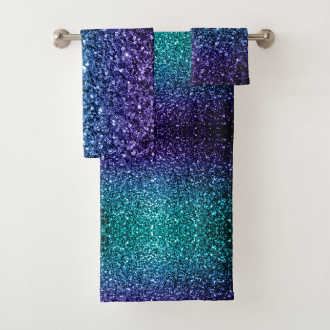Aqua blue Ombre faux glitter sparkles Bath Towel Set (Insitu)