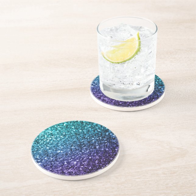 Aqua blue Ombre faux glitter sparkles Drink Coaster (Side)