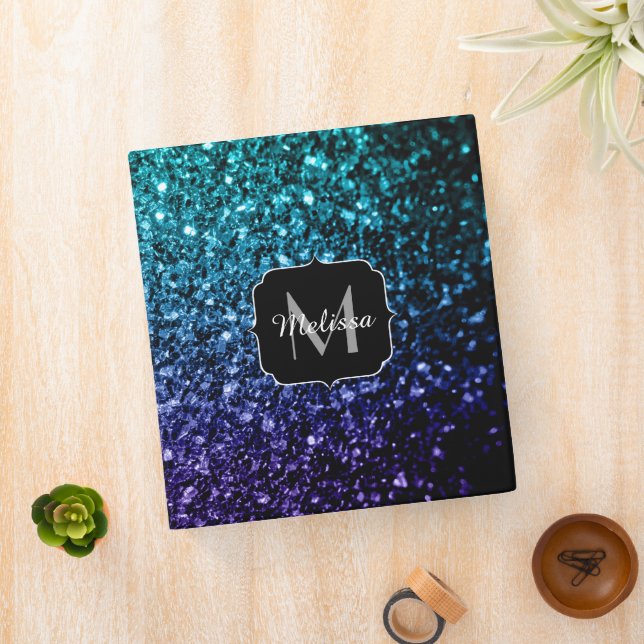 Aqua blue Ombre faux glitter sparkles Monogram 3 Ring Binder (In Situ)