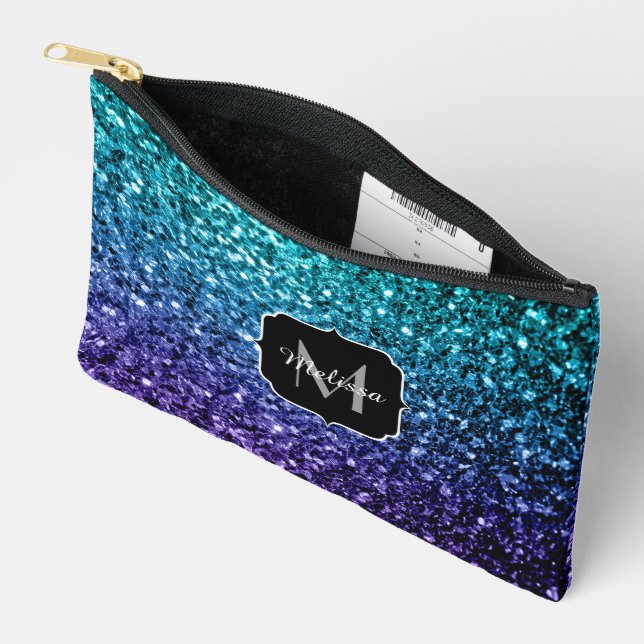 Aqua blue ombre faux glitter sparkles Monogram Accessory Pouch (Open)