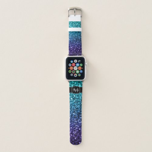 Aqua blue Ombre faux glitter sparkles Monogram Apple Watch Band