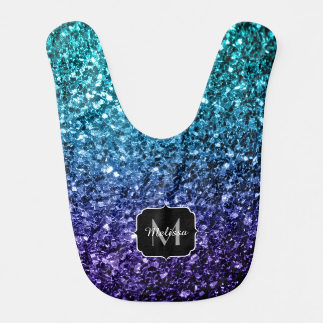Aqua blue Ombre faux glitter sparkles Monogram Baby Bib (Front)
