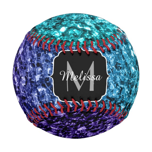 Aqua blue ombre faux glitter sparkles Monogram Baseball (Front)