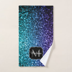 Aqua blue Ombre faux glitter sparkles Monogram Bath Towel Set