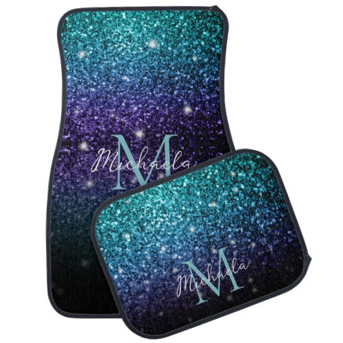 Aqua blue Ombre faux glitter sparkles Monogram Car Floor Mat