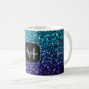 Aqua blue Ombre faux glitter sparkles Monogram Coffee Mug