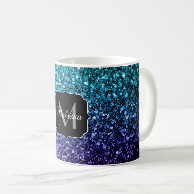 Aqua blue Ombre faux glitter sparkles Monogram Coffee Mug (Front Right)